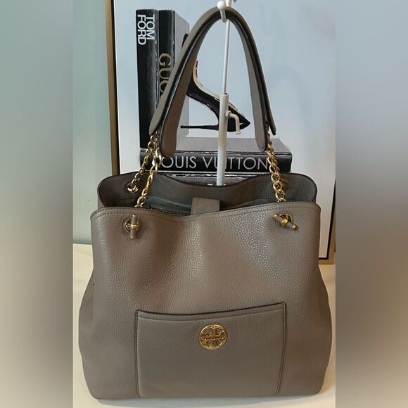 Tory Burch Gray Leather Shoulder Bag Tote - Picture 9 of 14